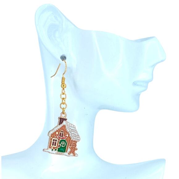 Gingerbread house dangle earrings — holiday Christmas jewelry - Picture 2 of 4